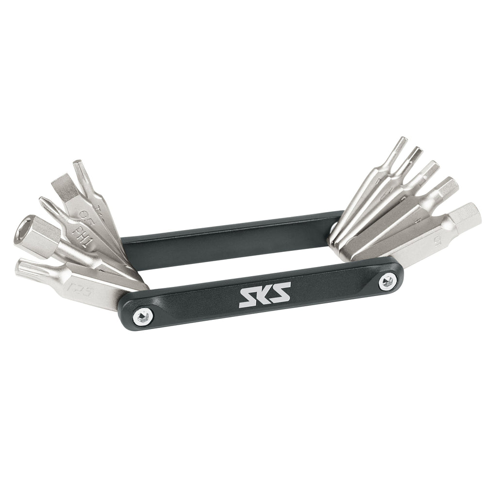 Multitool with multiple bits on a white background