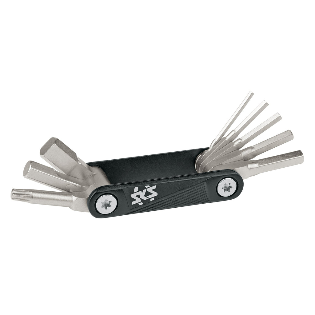 Multi-tool with various bits on a white background