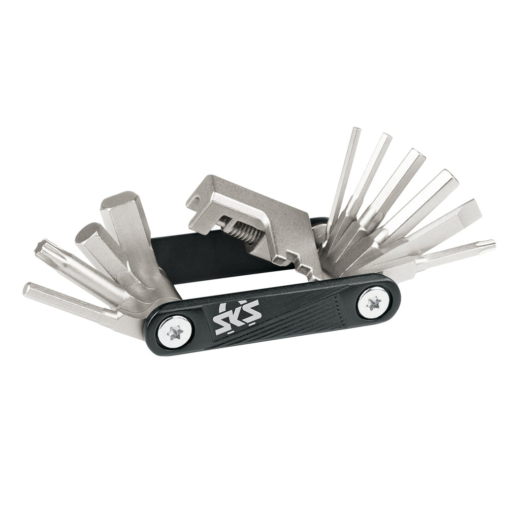 Multi-tool with various components on a white background