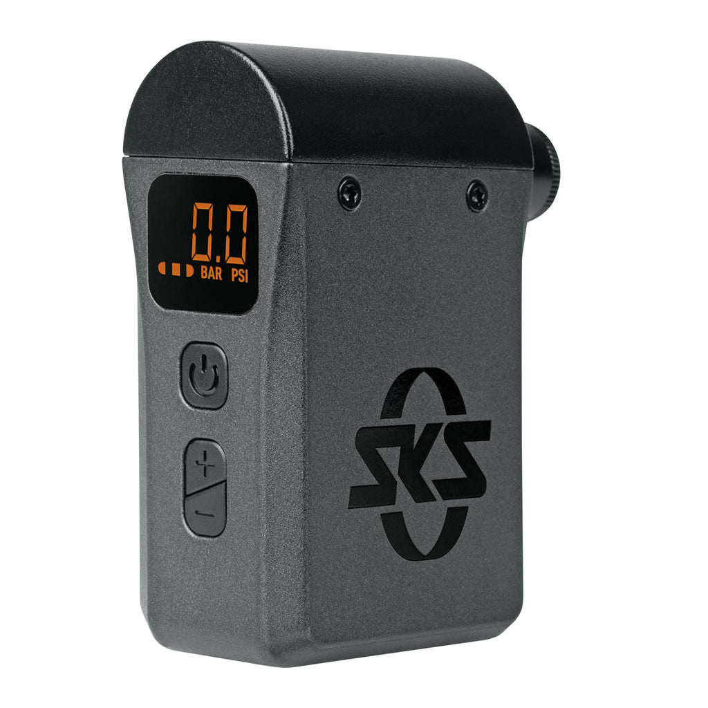 Black tire inflator with digital display and SKS logo on a white background