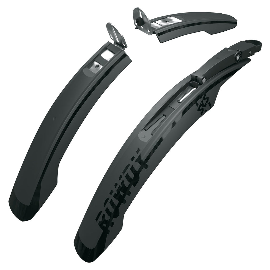 Two black bicycle fenders with a brand logo on a white background
