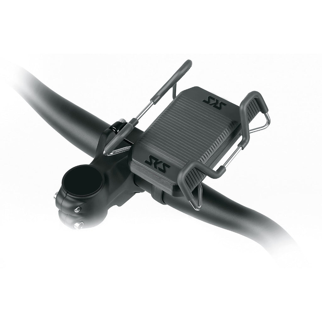 Bicycle Phone Holder on  handlebar with a black mount on a white background