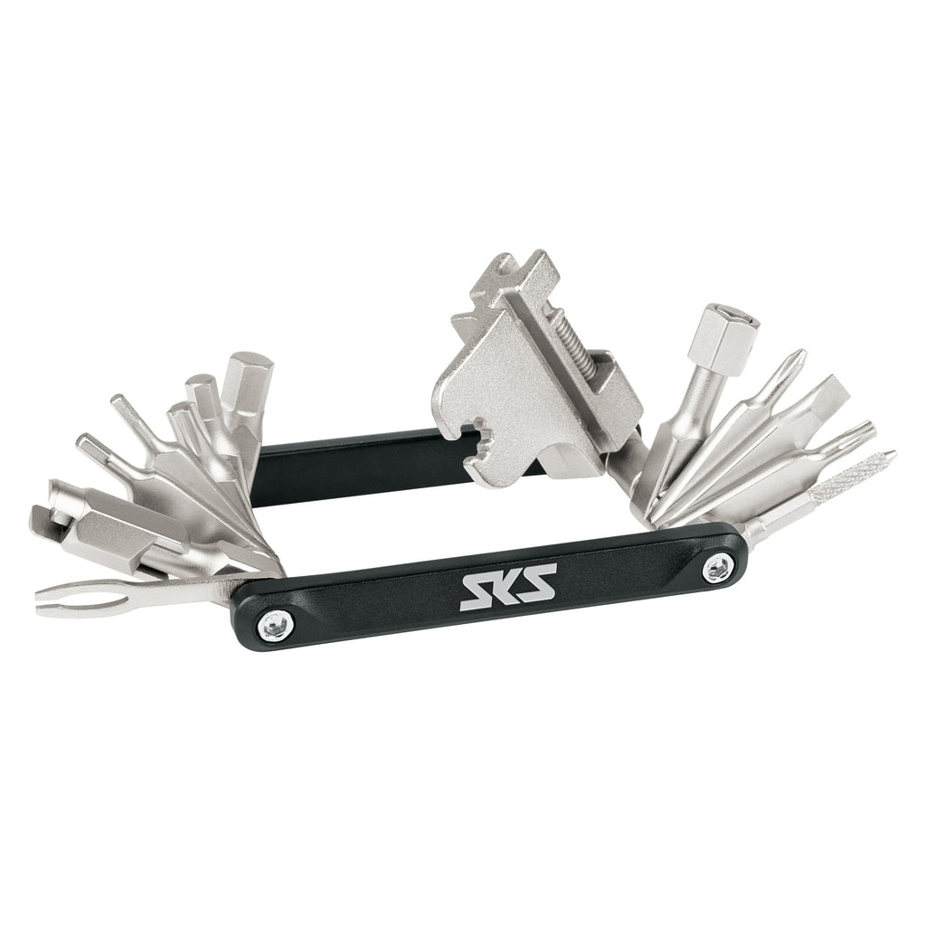Multi Tool with several tools opened up on white background